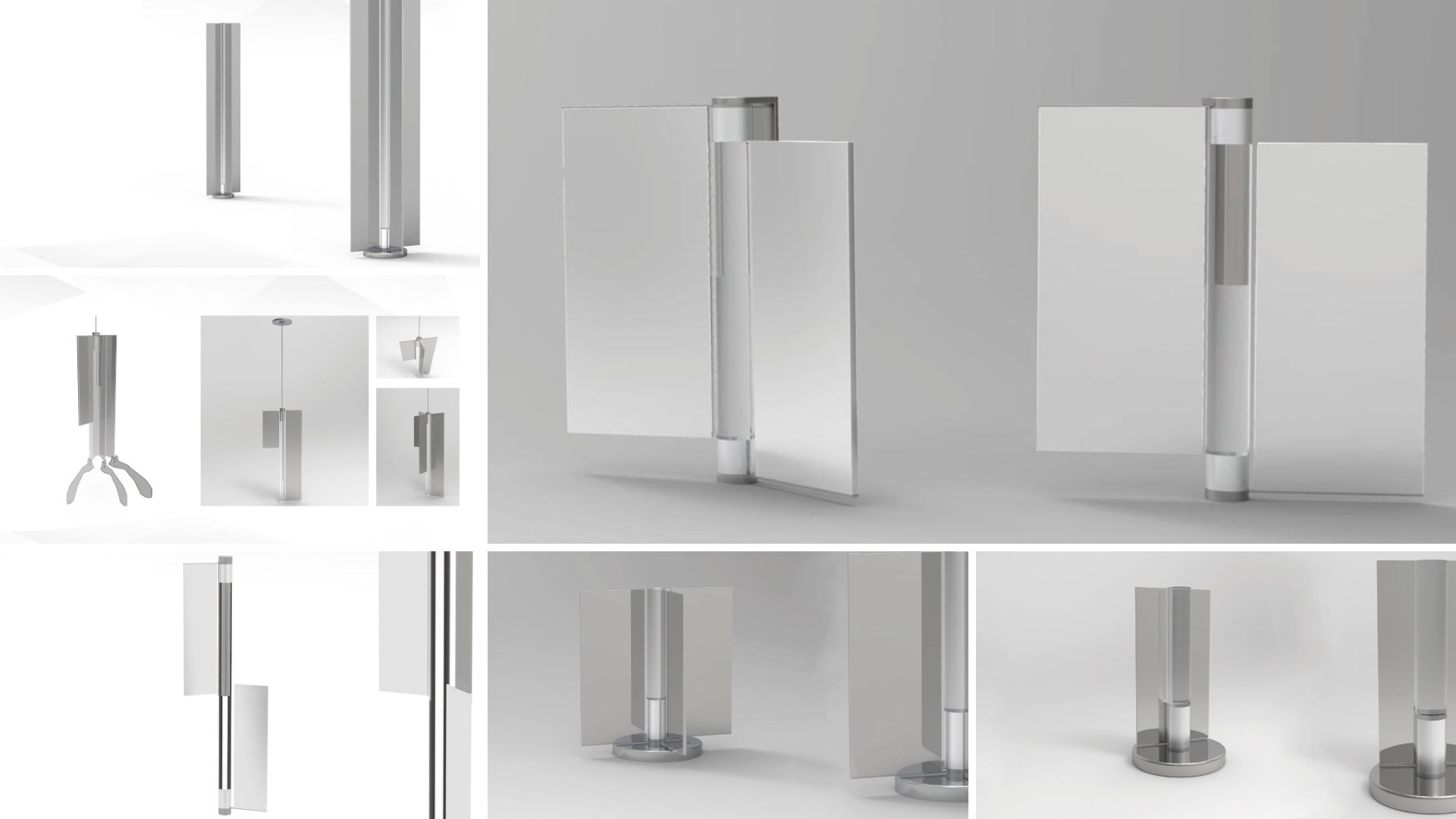 Grid of multiple views of the Ammirrors mirrored acrylic lamp assembly