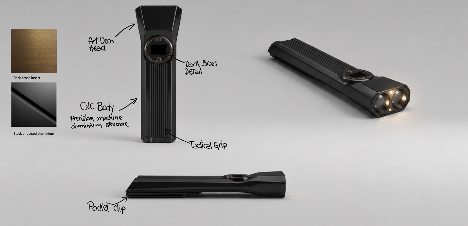 Annotated render of the flashlight highlighting the Art Deco head, brass detail, CNC body, tactical grip and pocket clip