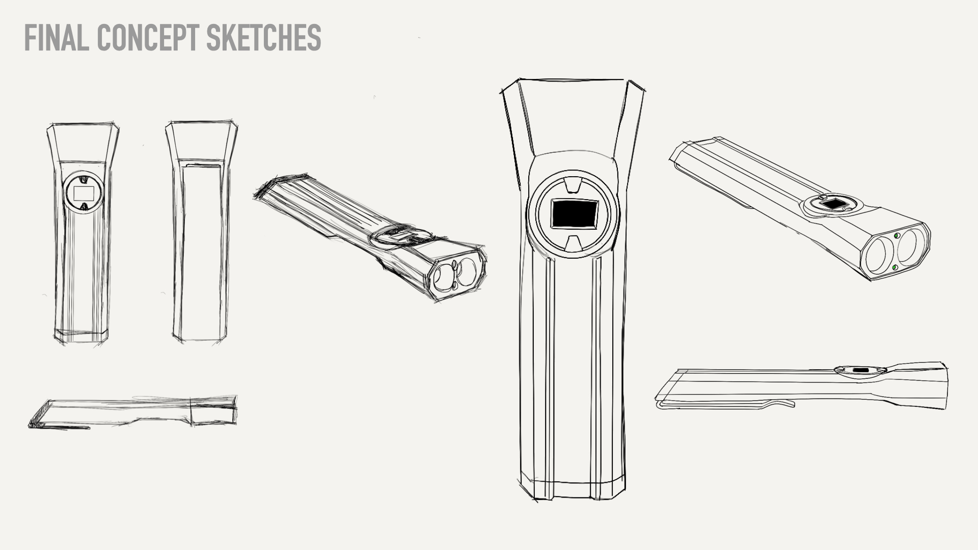 Final concept sketches of the flashlight in front, side and perspective views