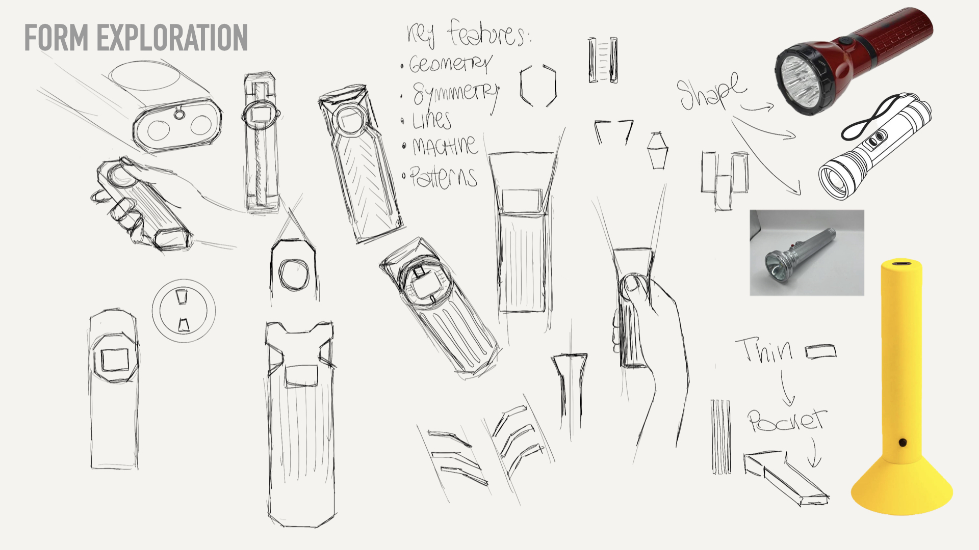 Form exploration sketches for the flashlight with key features listed