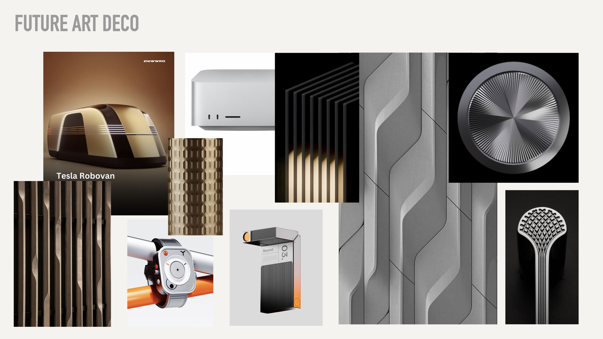 Future Art Deco moodboard with fluted surfaces, machined metal and geometric objects
