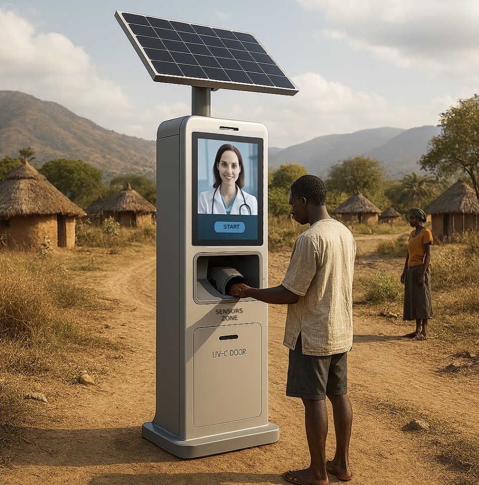 The telemedicine kiosk being used by a person in an off-grid village