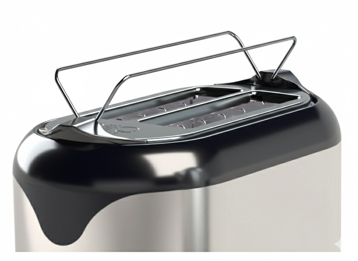 Close-up of the Gilia toaster top with chrome wire rack and stainless body