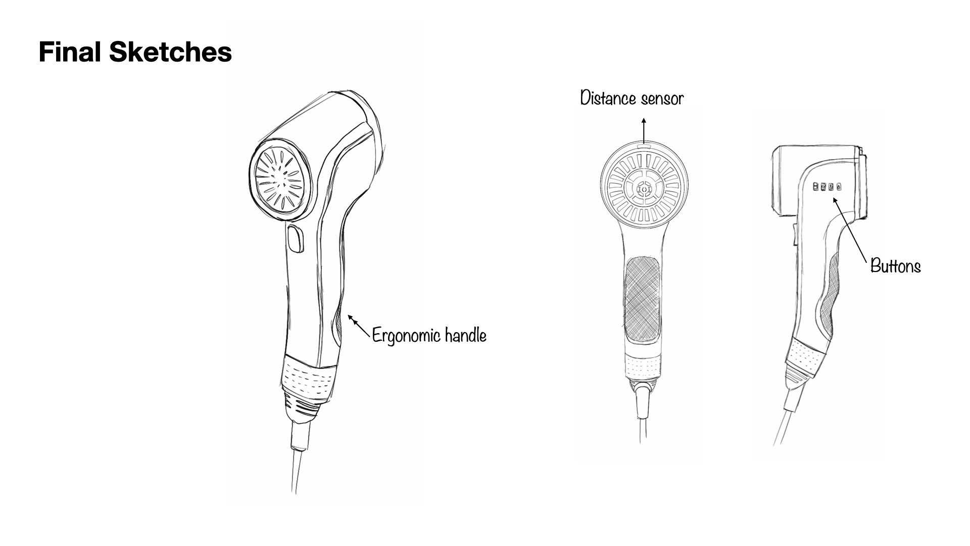 Final concept sketches of the hair dryer with callouts for the ergonomic handle, distance sensor and buttons