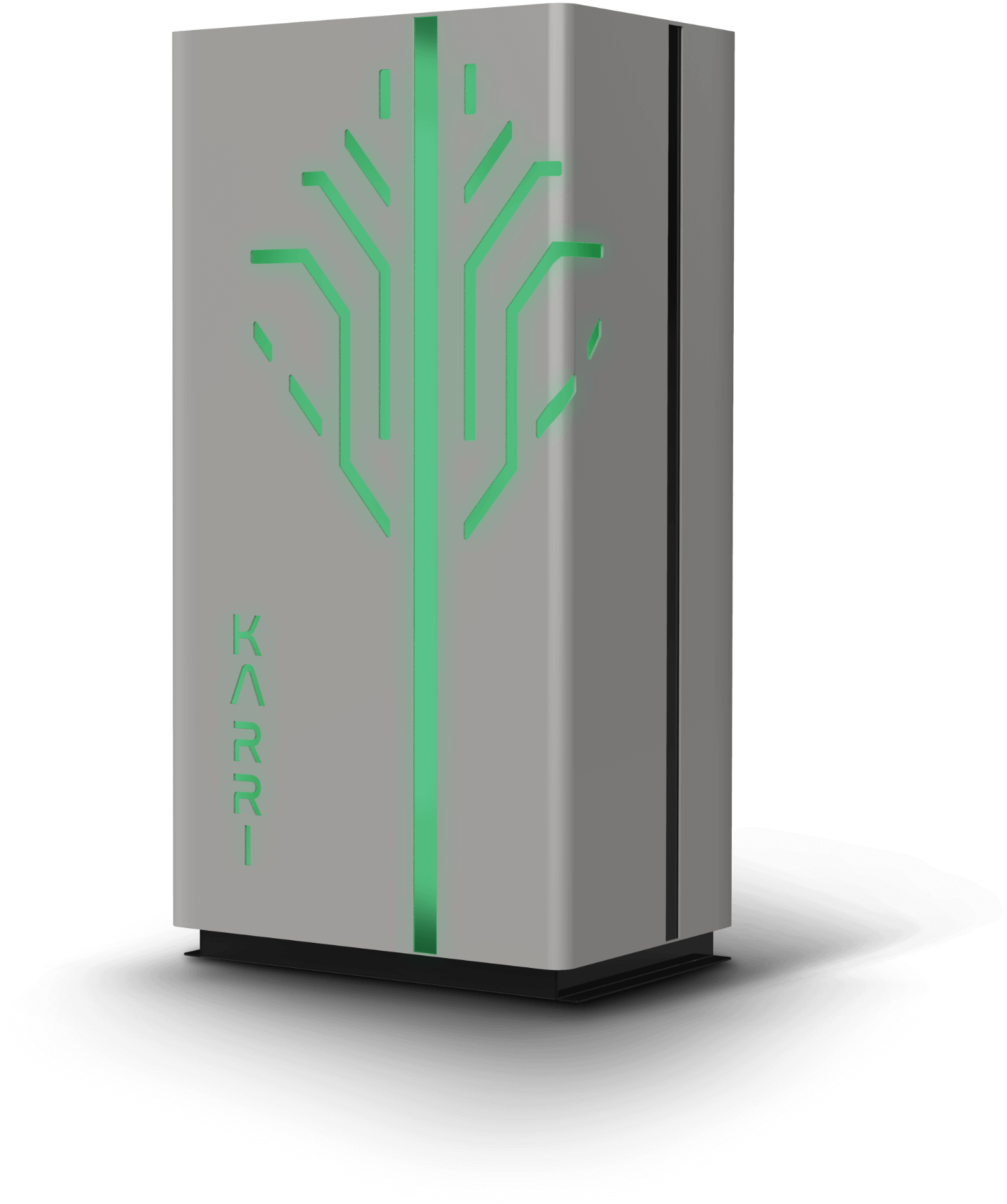 Karri energy-storage tower in light architectural finish with a green glowing motif