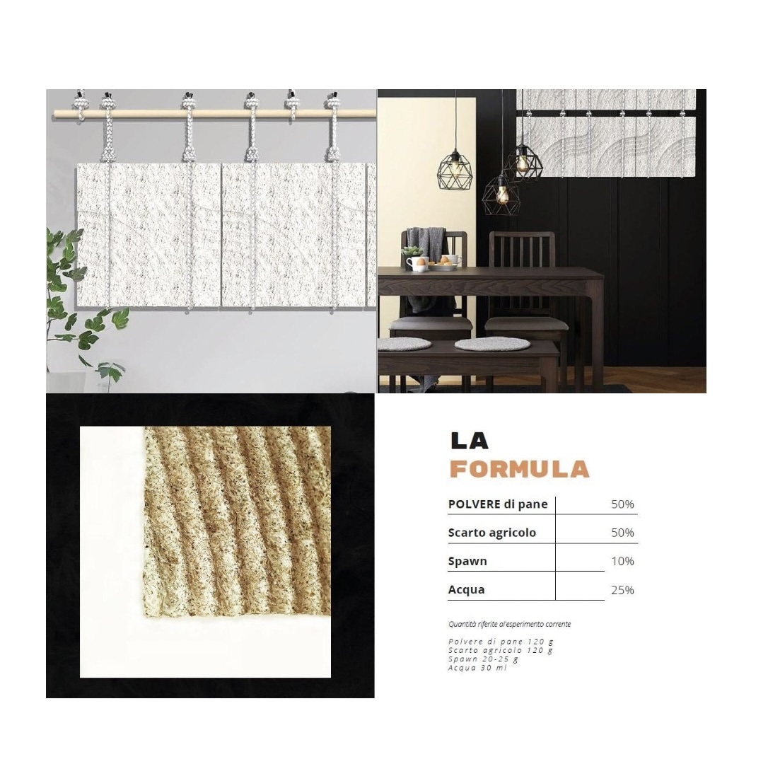 Mycelium panels in an interior, a material texture close-up and the formula table