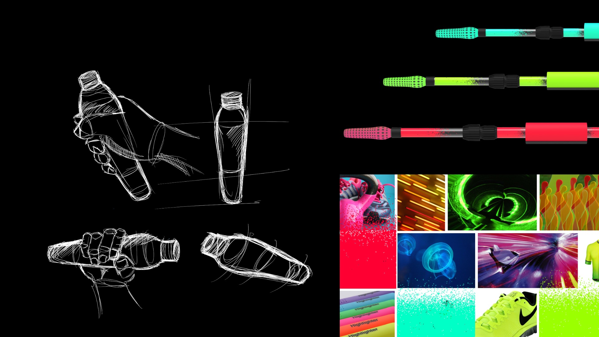 Concept sketches, three neon colourways and a sport moodboard for Smart Stick